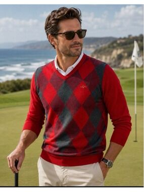 Greg Norman For Tasso Elba Argyle Sweater XL Red Gray V Neck Cotton Golf